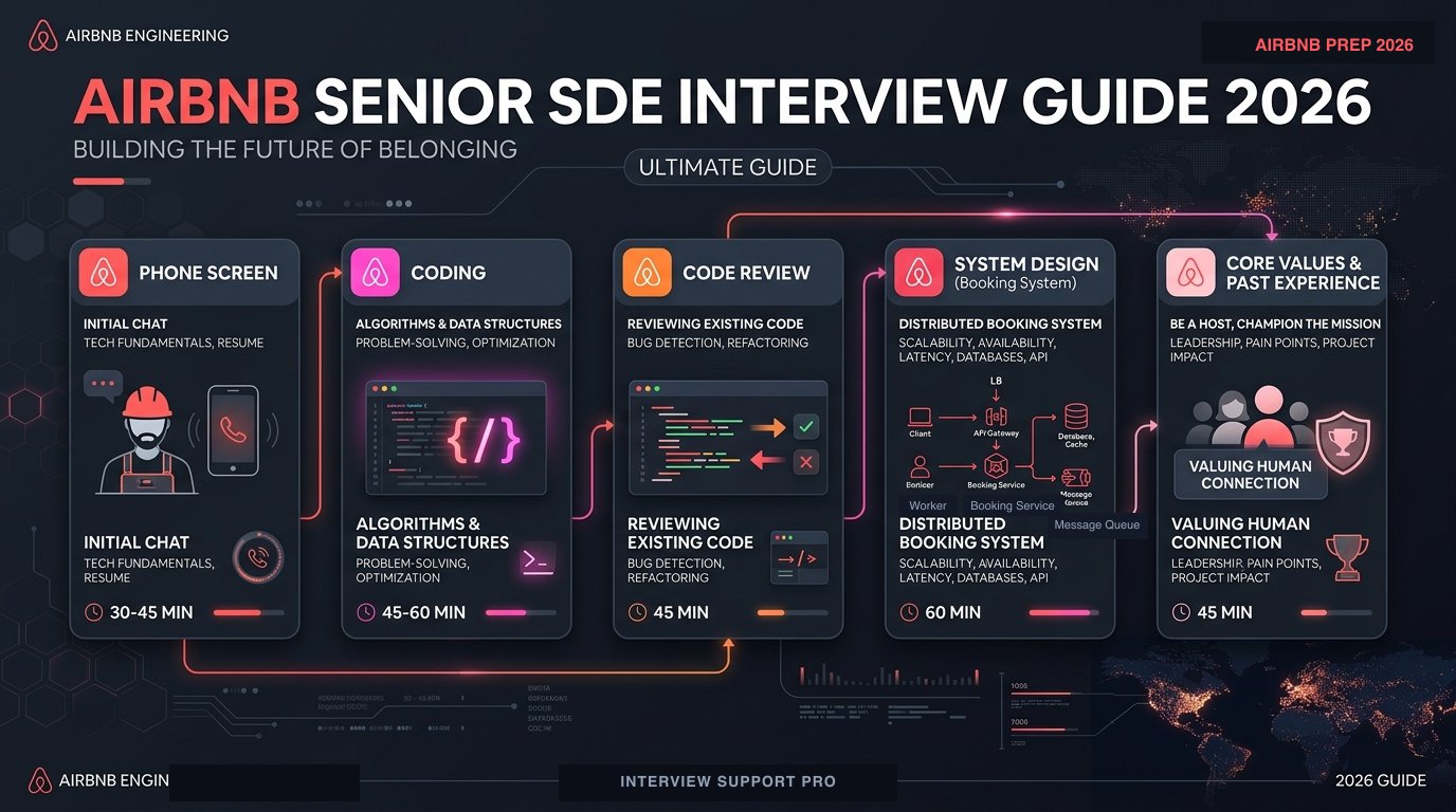 Airbnb Senior SDE 面试五轮结构图 — Phone Screen、Coding、Code Review、System Design、Core Values、Past Experience 全流程与高频考点分布