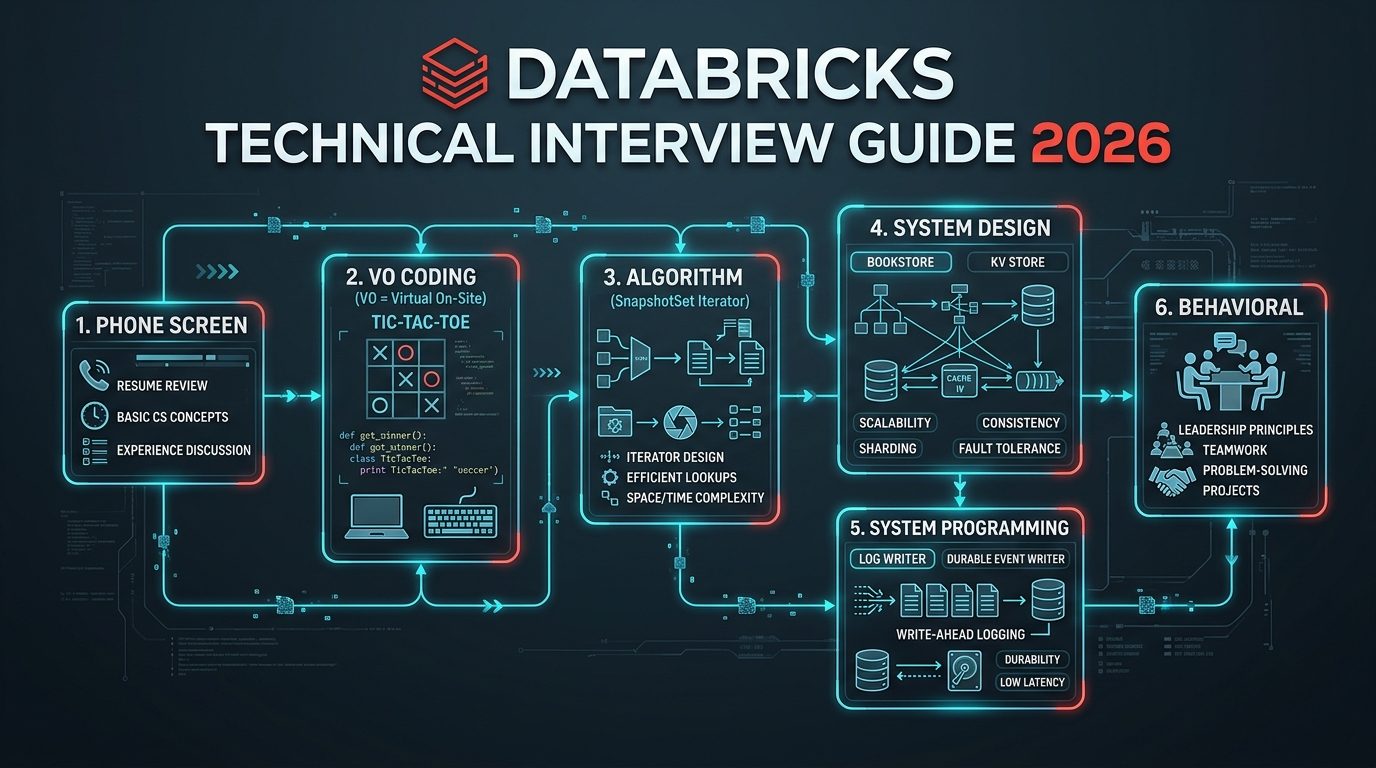 Databricks 面试五轮结构图 — Coding、Algorithm、System Design、System Programming、Behavioral 全流程与高频考点分布