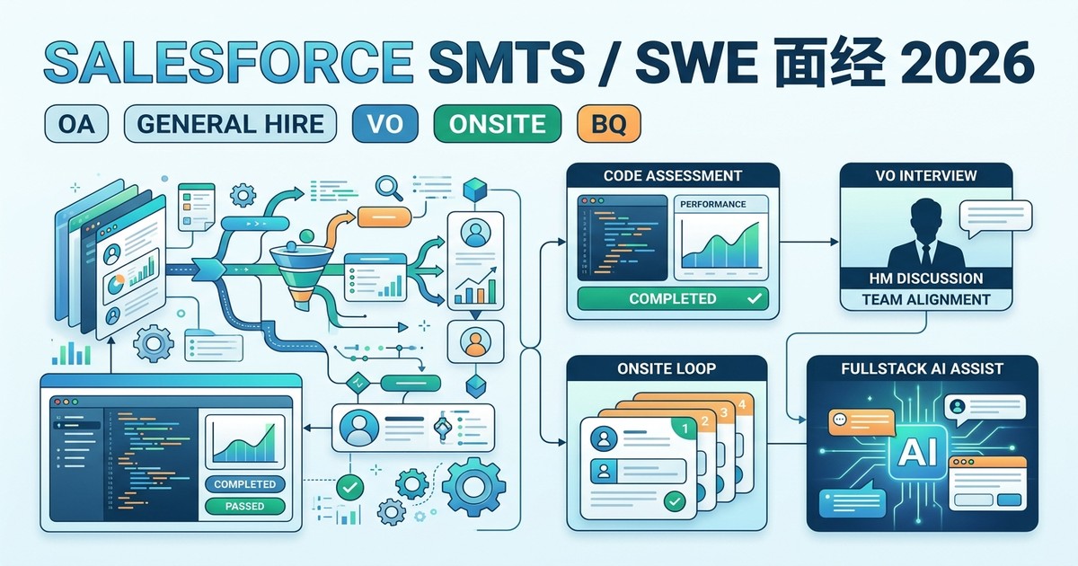 Salesforce SMTS / SWE 面经 2026：OA、General Hire、HM、VO、Onsite、Fullstack AI Assist 和 BQ 准备路线