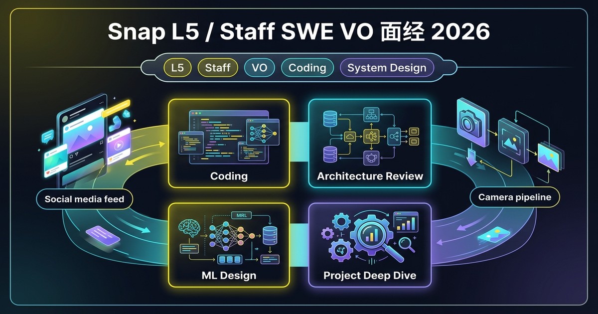 Snap L5 / Staff SWE VO 面经 2026：Coding、System Design、ML Design、Project Deep Dive 和 Staff 信号图