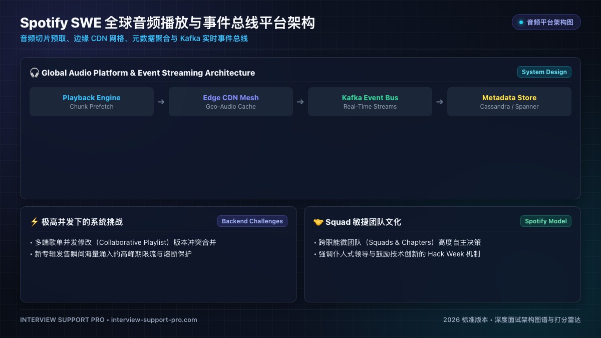 Spotify SWE 全球音频播放与事件总线平台架构图