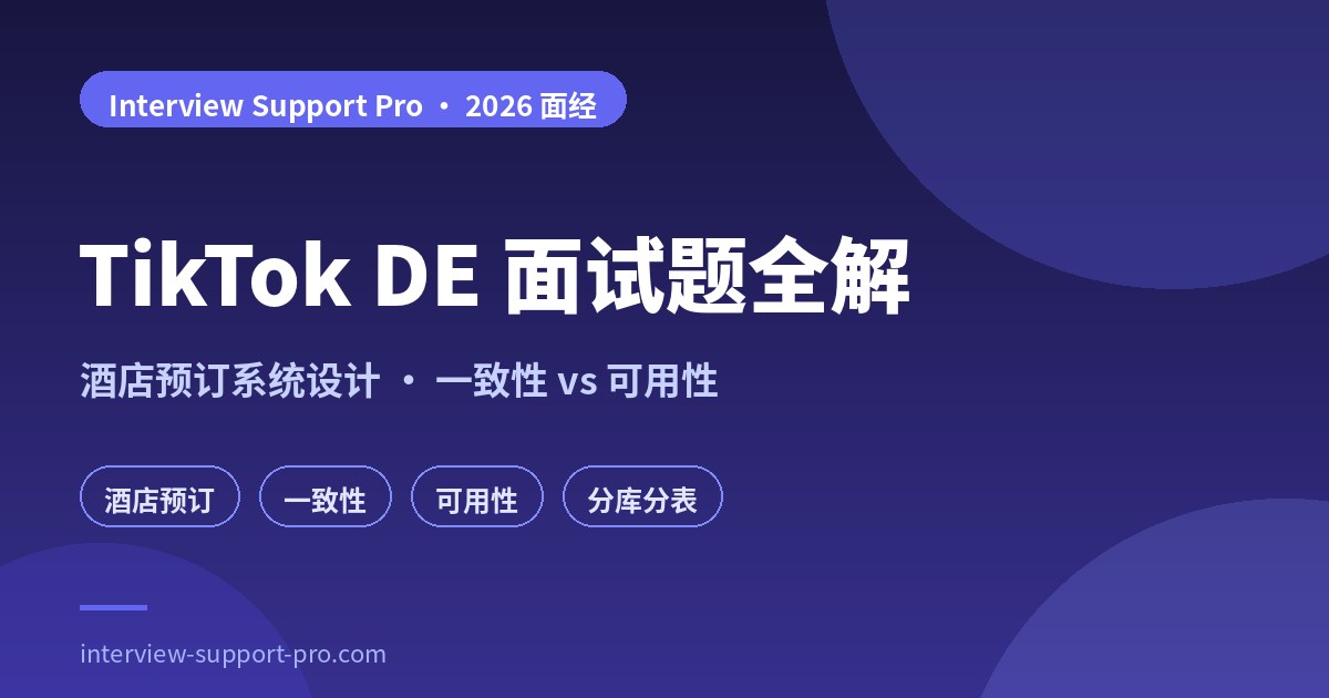 TikTok DE 面试高频考点图 — 酒店预订 System Design、<200ms 低延迟弱一致性要求、三大 trade-off（延迟 vs 可靠性、防重复预定、热点水平拆分）与 Kafka+Redis 实战加分点