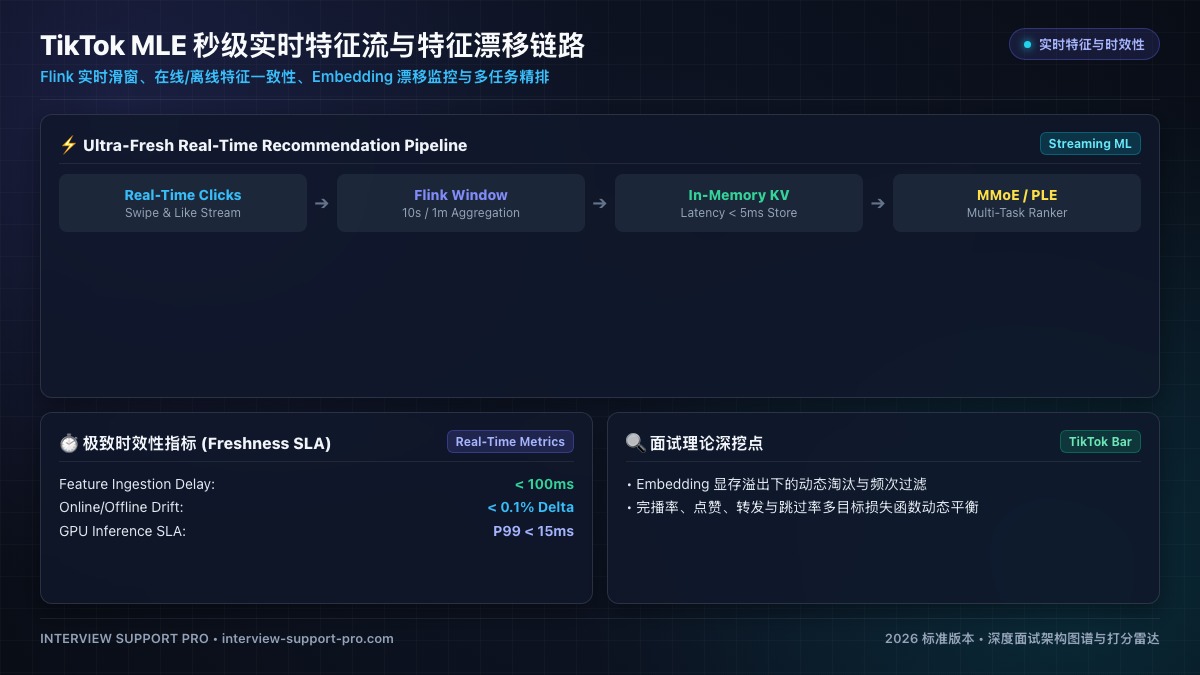 TikTok MLE 秒级实时特征流与特征漂移链路图